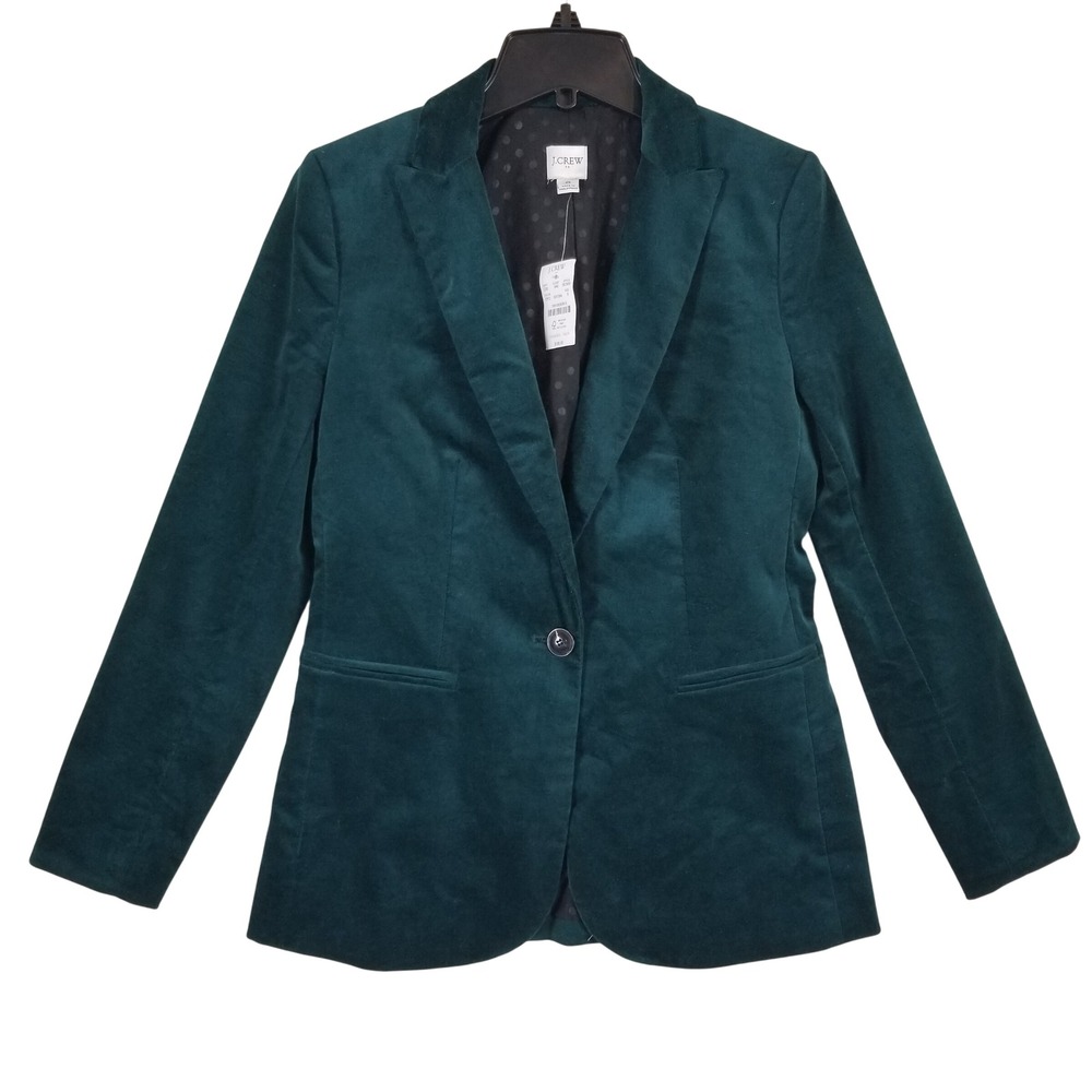 J.Crew Velvet Blazer Women Size 0 Green BC800 Polka Dot Lining Single Button